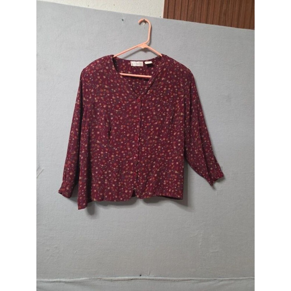 Vintage Elisabeth Liz Claiborne 100% Rayon Burgundy Floral Blouse
